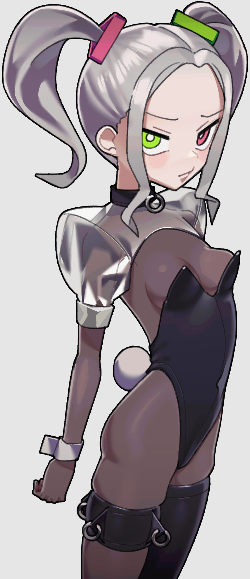 absurdres arms_at_sides bad_id bad_pixiv_id black_leotard bodystocking breasts bright_pupils collar fake_tail female green_eyes grey_background grey_hair heterochromia highres leotard looking_at_viewer neon_(saaal653) original playboy_bunny rabbit_tail red_eyes saaal653 see-through shrug_(clothing) single_thighhigh skindentation small_breasts solo tail thigh_strap thighhighs twintails white_pupils wrist_cuffs