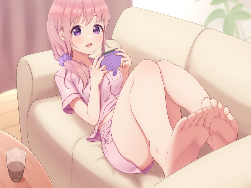 armchair barefoot chair feet female foot_focus furou glass hair_tie highres lying open_mouth original pink_hair pink_shirt pink_shorts purple_eyes shirt shorts soles solo table toes