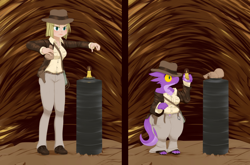 2021 absurd_res anthro before_and_after blonde_hair bottomwear breasts bullwhip candle clothing duo female footwear growth hair hat headgear headwear hi_res holding_candle holding_object holster holstered_pistol human human_to_anthro jacket kobold mammal mentalcrash pants purple_body shoes short_stack short_stackification shrinking size_transformation solo species_transformation standing tail tail_growth topwear transformation wide_hips yellow_sclera