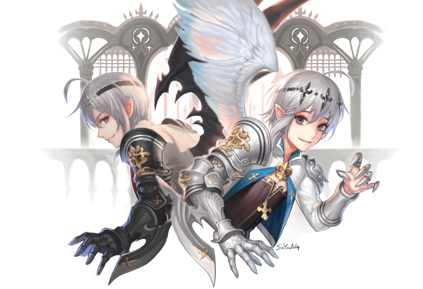 2boys ahoge angel angel_and_devil angel_wings armor back-to-back black_armor blade blue_eyes branz_(seven_knights) branzel_(seven_knights) brothers claw_(weapon) demon_boy demon_wings feathered_wings gauntlets grey_eyes grey_hair hair_between_eyes highres looking_at_another male_focus multiple_boys parted_lips pauldrons pointy_ears seven_knights shoulder_armor siblings signature single_wing smile soyoong_jun twins upper_body vambraces weapon wings zipper zipper_pull_tab