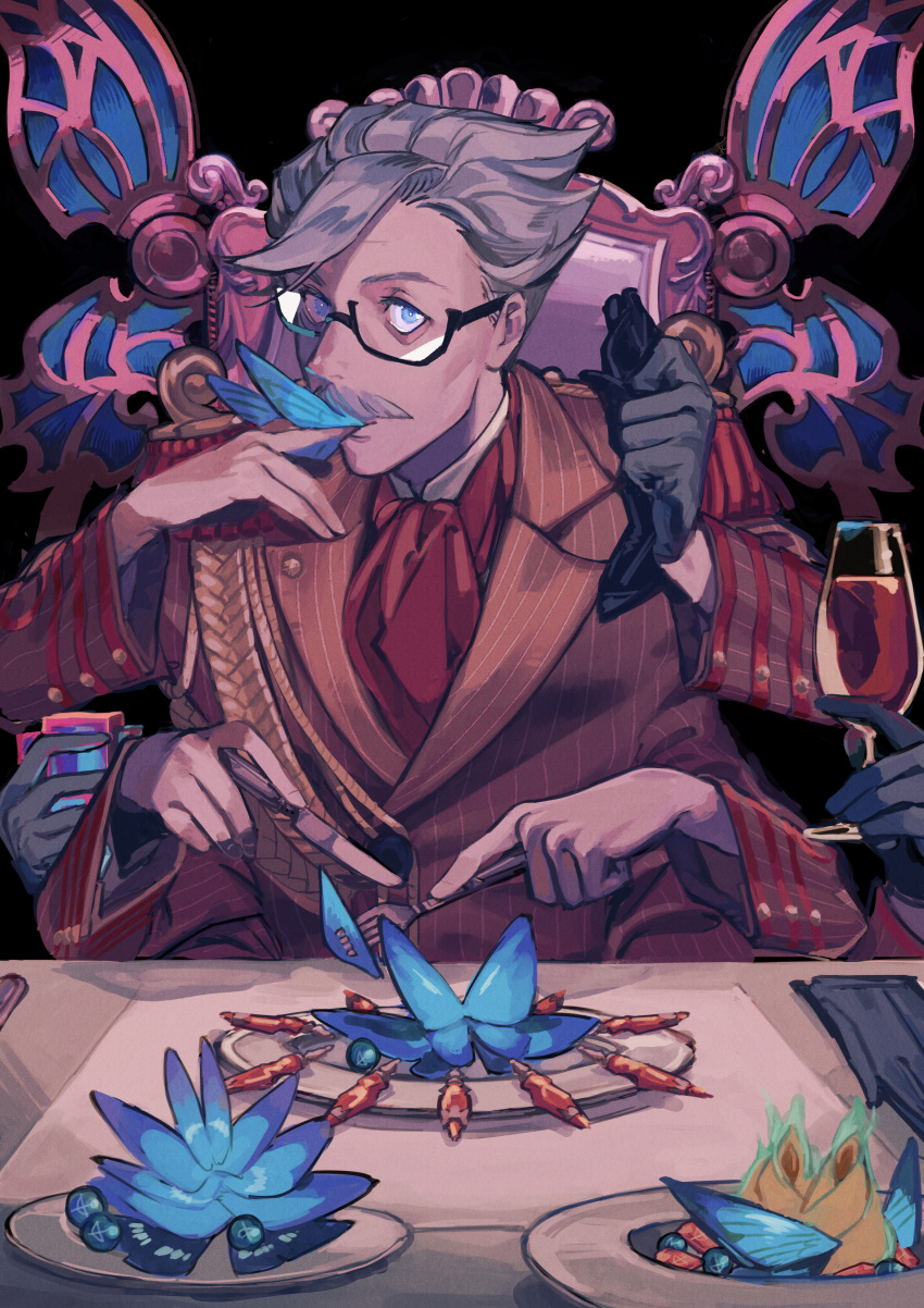 1boy absurdres alcohol ame_(syume_ruzin) ascot black-framed_eyewear black_gloves blue_butterfly blue_eyes brown_coat bug butter butterfly chair coat cup drinking_glass epaulettes extra_arms facial_hair fate/grand_order fate_(series) food fork glasses gloves grey_hair highres holding holding_cup holding_fork holding_gloves holding_knife holding_unworn_clothes james_moriarty_(archer)_(fate) knife long_sleeves looking_at_viewer male_focus mature_male moustache old old_man plate red_ascot short_hair table unworn_gloves wine wine_glass