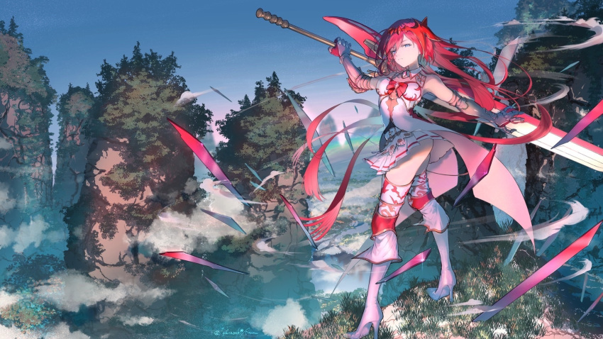 arumu blue_eyes boots female godsworn_alexiel granblue_fantasy high_heel_boots high_heels highres holding holding_weapon long_hair looking_at_viewer looking_back red_hair skirt solo thighs weapon white_skirt