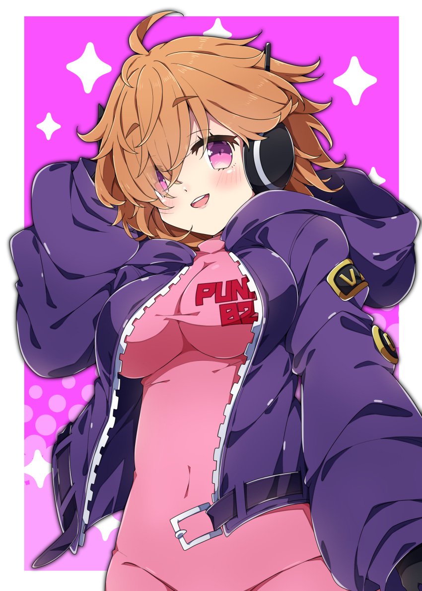 :d absurdres ahoge arm_behind_head arm_up blush bodysuit breasts brown_hair commentary_request covered_groin covered_navel female hair_over_one_eye halftone halftone_background headphones highres hood hood_down hooded_jacket jacket large_breasts long_sleeves milkpanda one_piece open_clothes open_jacket pink_background pink_bodysuit puffy_long_sleeves puffy_sleeves purple_eyes purple_jacket smile solo sparkle_background teeth thick_eyebrows upper_teeth_only vegapunk_lilith