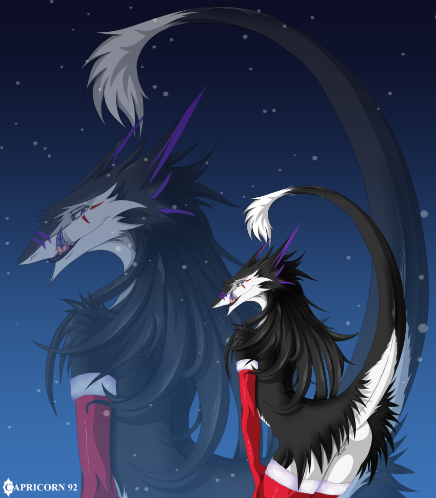 anthro ass black_body black_fur capricorn92 christmas female fur hi_res holidays kanevex markings multicolored_body multicolored_fur presenting presenting_hindquarters purple_markings raised_tail sergal snow snowing solo tail tongue tongue_out two_tone_body two_tone_fur white_body white_fur