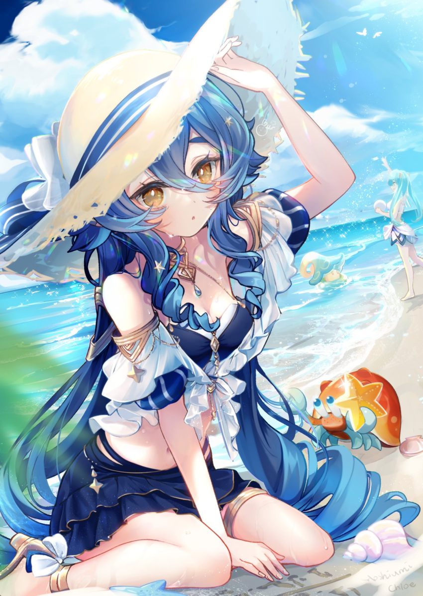 2girls :o alternate_costume arm_up armored_crab_(genshin_impact) artist_name bare_shoulders beach between_legs blue_bra blue_hair blue_ribbon blue_skirt blue_sky blush bra breasts cleavage cloud day drill_hair faruzan_(genshin_impact) fingernails from_side fungi_(genshin_impact) genshin_impact hair_between_eyes hand_between_legs hat hat_ribbon highres hoshiusagi_no_chloe jewelry layla_(genshin_impact) long_hair looking_at_viewer medium_breasts multiple_girls navel outdoors ribbon seashell shell simple_bird sitting skirt sky solo_focus star_(symbol) stomach straw_hat thighlet underwear very_long_hair water yellow_eyes