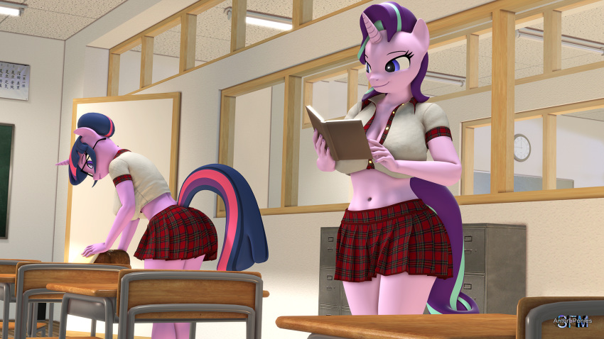 3d_(artwork) anthro anthrofied anthroponiessfm book bottomwear classroom classroom_desk clothing desk digital_media_(artwork) duo equid equine friendship_is_magic furniture hair hair_bun hasbro hi_res horn mammal miniskirt my_little_pony mythological_creature mythological_equine mythology school school_uniform shirt skirt starlight_glimmer_(mlp) table topwear twilight_sparkle_(mlp) unicorn uniform