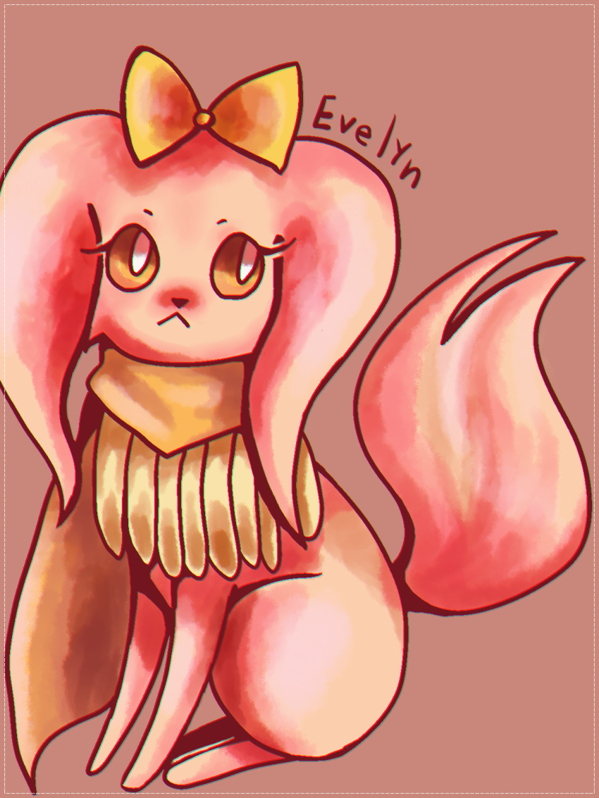 2016 black_nose brown_background brown_eyes character_name colored digital_drawing_(artwork) digital_media_(artwork) eevee evelyn_(fireswallowtanager) eyelashes featureless_feet feet female feral floppy_ears fur generation_1_pokemon head_bow hi_res mouth_closed nintendo pink_body pink_fur pink_tail pokemon pokemon_(species) pupils quadruped scarf shaded shadnoir simple_background sitting solo tail white_pupils yellow_bow yellow_scarf