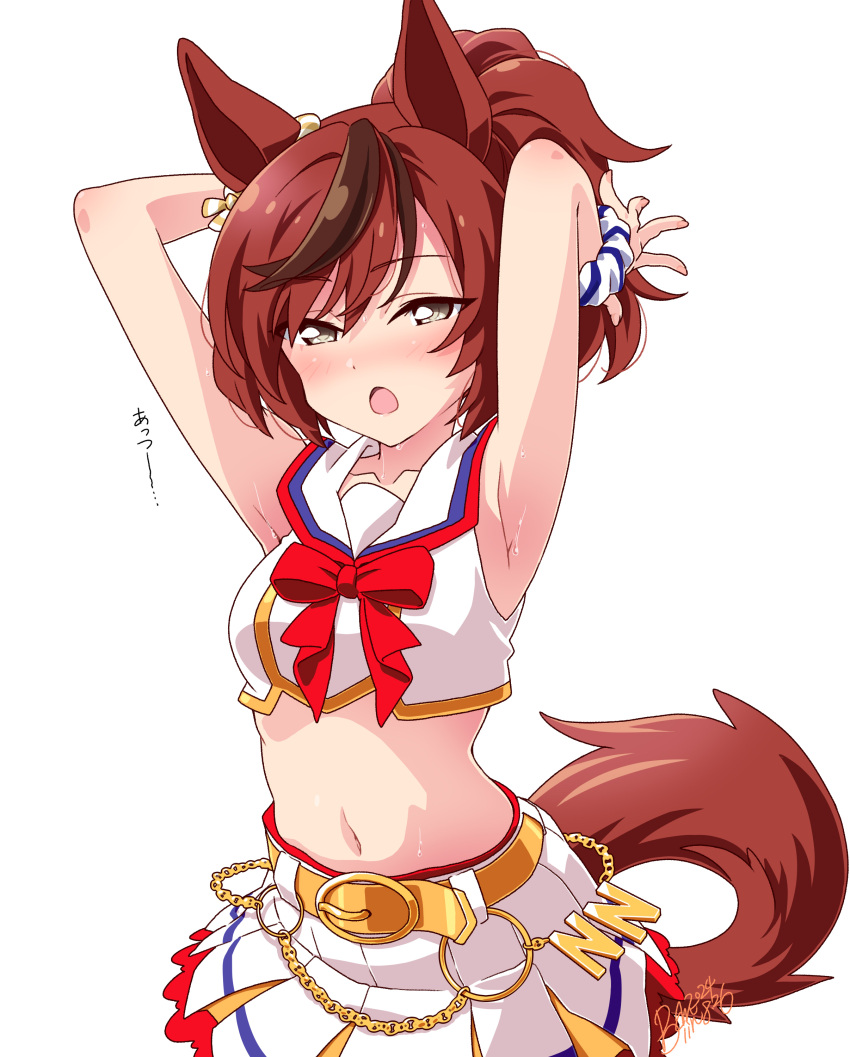 absurdres adjusting_hair animal_ears armpits belt blush breasts female highres horse_ears horse_girl horse_tail looking_at_viewer medium_breasts medium_hair midriff navel nice_nature_(umamusume) official_alternate_costume open_mouth red_hair simple_background solo sweat tail takeya_yuuki umamusume white_background