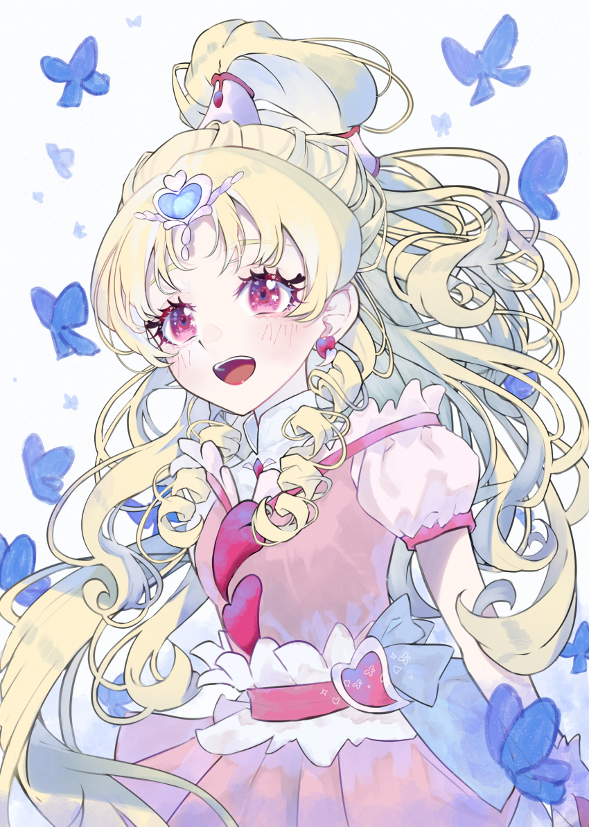 absurdres amino_(li0a4) bad_id bad_pixiv_id belt blonde_hair blush brooch bug butterfly butterfly_in_eye cure_tomorrow earrings female floating_hair gradient_eyes hair_ornament heart heart_brooch heart_hair_ornament heart_in_eye high_ponytail highres hug-tan_(precure) hugtto!_precure jewelry long_hair miniskirt multicolored_eyes pink_skirt pleated_skirt precure red_eyes short_sleeves skirt solo standing symbol_in_eye very_long_hair waist_brooch