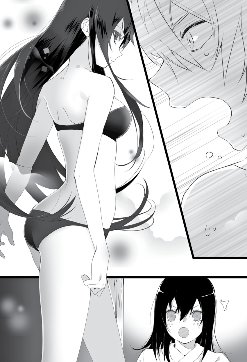 1boy 2girls :o akatsuki_kojou bikini breasts floating_hair greyscale hair_between_eyes highres himeragi_yukina kisaki_kiriha long_hair manyako_(mohumohu) medium_breasts monochrome multiple_girls non-web_source novel_illustration official_art open_mouth photoshop_(medium) shoulder_blades sideboob standing strapless strapless_bikini strike_the_blood surprised sweatdrop swimsuit very_long_hair