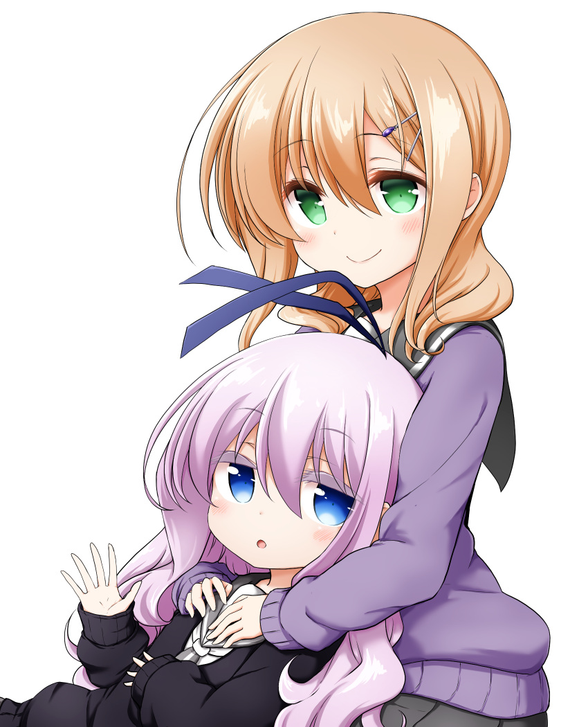 2girls :o black_skirt black_sweater blue_eyes blue_ribbon blush brown_hair closed_mouth colored_eyelashes commentary_request green_eyes grey_sailor_collar hair_between_eyes hair_ornament hair_ribbon hairclip hand_up highres kuena long_hair long_sleeves looking_at_viewer multiple_girls parted_lips pleated_skirt purple_hair purple_sweater ribbon sailor_collar school_uniform sengoku_kamuri serafuku shirt simple_background skirt sleeves_past_wrists slow_start smile sweater tokura_eiko white_background white_shirt