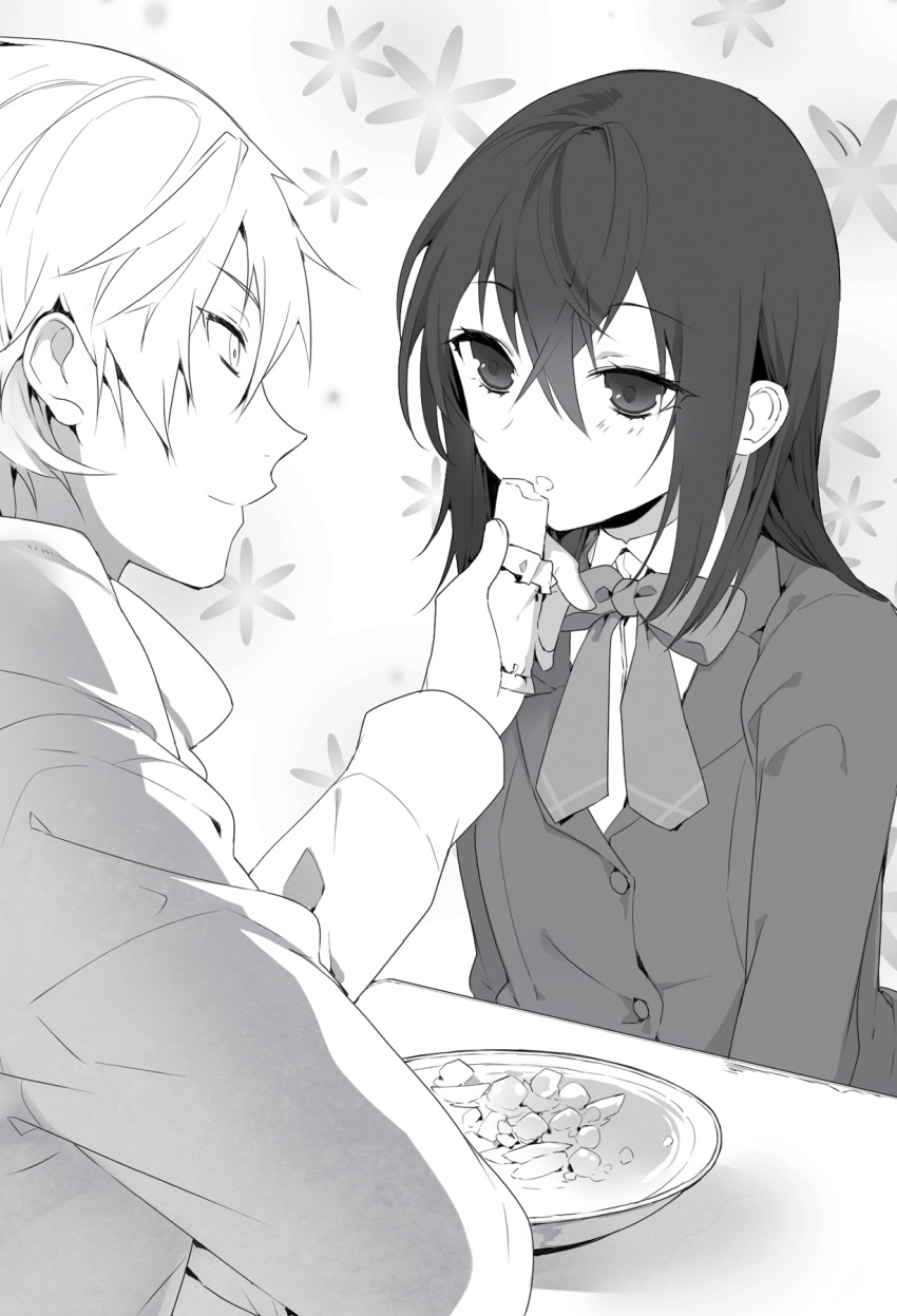 1boy akatsuki_kojou blazer blush bow bowtie closed_mouth collared_shirt couple dress_shirt eye_contact feeding female greyscale hair_between_eyes highres himeragi_yukina holding jacket long_hair long_sleeves looking_at_another manyako_(mohumohu) monochrome non-web_source novel_illustration official_art photoshop_(medium) saikai_academy_school_uniform school_uniform shirt sitting smile straight strike_the_blood sweater upper_body wing_collar