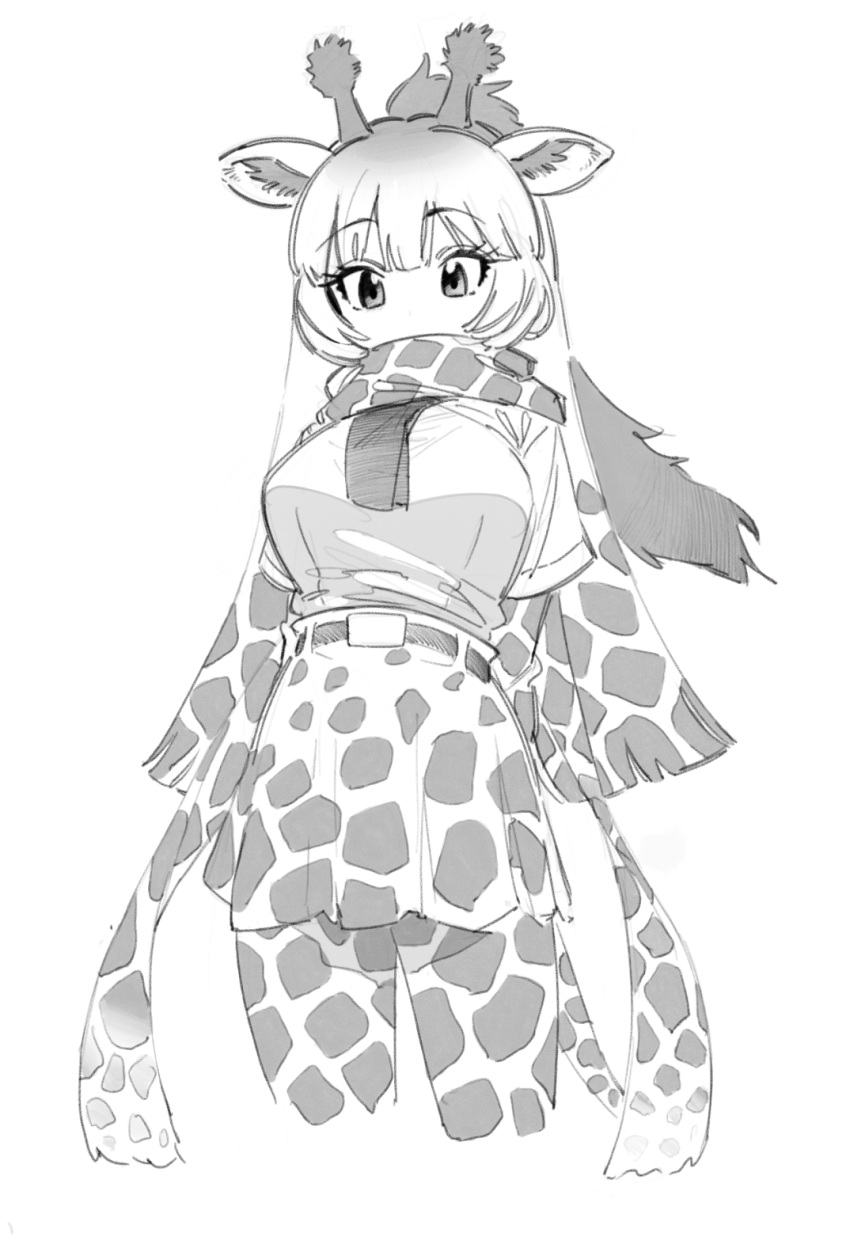 animal_ear_fluff animal_ears animal_print arms_behind_back bad_id bad_pixiv_id belt character_request commentary covered_mouth cowboy_shot female giraffe_ears giraffe_horns giraffe_print giraffe_tail greyscale highres horns kemono_friends kona_ming long_hair looking_at_viewer miniskirt monochrome multicolored_hair pantyhose ponytail print_pantyhose print_scarf print_skirt scarf short_sleeves simple_background skirt solo tail white_background