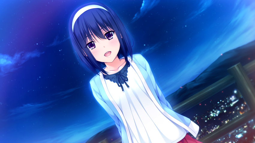 :d aotsuka_mizuka arms_behind_back black_ribbon blue_hair blue_sky collarbone dutch_angle female game_cg hair_between_eyes hairband iizuki_tasuku looking_at_viewer medium_hair neck_ribbon night outdoors pleated_skirt purple_eyes red_skirt ribbon shirt shoujo_to_toshi_no_sa_futamawari. skirt sky smile solo star_(sky) starry_sky white_hairband white_shirt