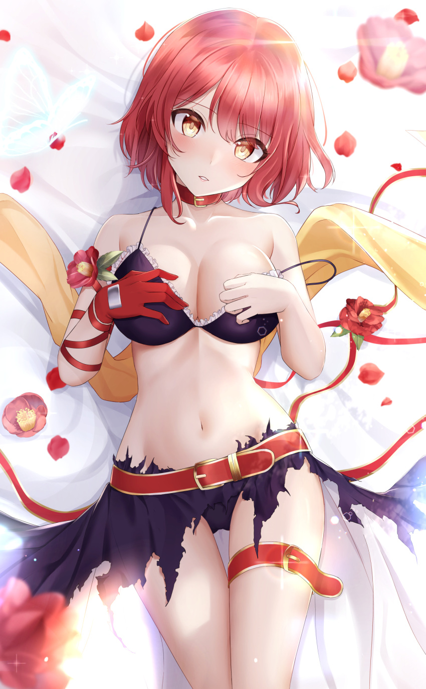 belt bob_cut bra bra_slip bra_strap breasts camellia cleavage collar female flower flower_knight_girl gloves highres jyu-so large_breasts legs_together looking_at_viewer name_connection object_namesake petals red_flower red_gloves red_hair short_hair single_glove skirt thigh_gap torn_clothes torn_skirt tsubaki_(flower_knight_girl) underwear yellow_eyes