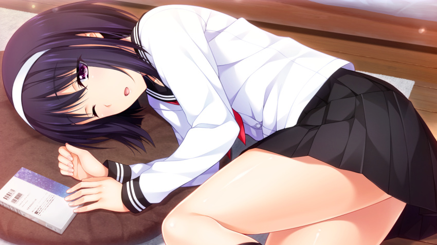 aotsuka_mizuka black_hair black_sailor_collar black_skirt collared_shirt dress_shirt female game_cg hair_between_eyes hairband iizuki_tasuku kneehighs long_sleeves looking_at_viewer lying miniskirt neckerchief on_side one_eye_closed open_mouth pillow pleated_skirt purple_eyes red_neckerchief sailor_collar sailor_shirt school_uniform serafuku shirt short_hair shoujo_to_toshi_no_sa_futamawari. skirt socks solo white_hairband white_shirt