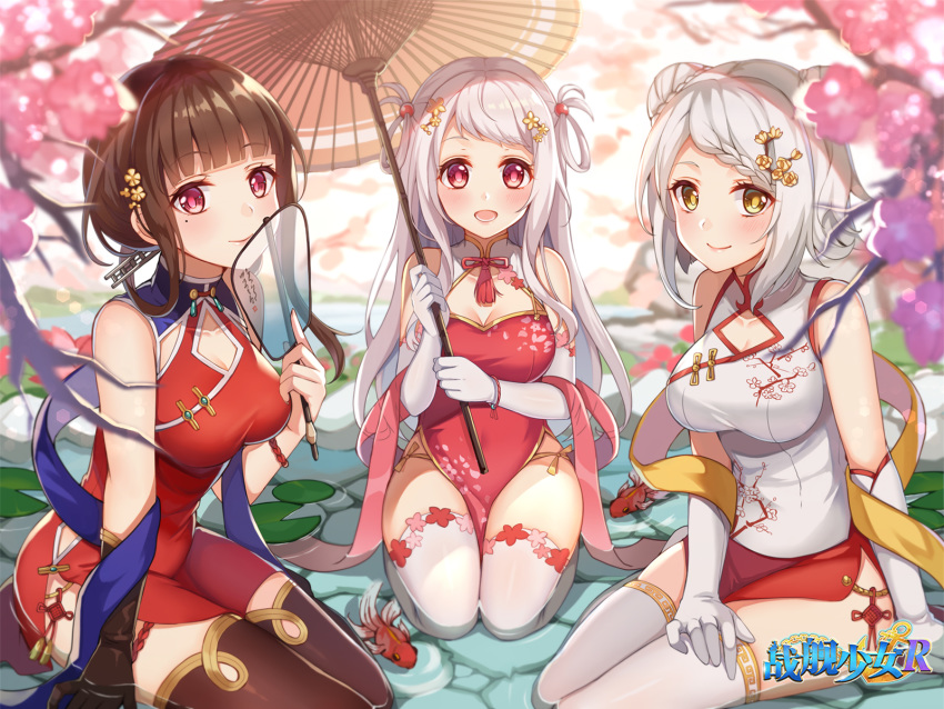 3girls :d aurora_(warship_girls_r) bare_shoulders black_gloves blurry blurry_background blurry_foreground blush braid branch breasts brown_eyes brown_hair brown_legwear brown_umbrella changchun_(warship_girls_r) character_request china_dress chinese_clothes chinese_commentary chongqing_(warship_girls_r) cleavage cleavage_cutout closed_mouth clothing_cutout commentary_request copyright_name depth_of_field detached_sleeves double_bun dress elbow_gloves flower gloves grey_hair hair_bun hair_flower hair_ornament hair_rings hasu_(velicia) highres holding holding_umbrella long_hair lower_teeth_only medium_breasts mixed-language_commentary multiple_girls official_art oil-paper_umbrella open_mouth pelvic_curtain purple_flower red_dress red_eyes red_flower reshitelny_(warship_girls_r) rose seiza shallow_water shawl sitting sleeveless sleeveless_dress smile teeth thighhighs transparent umbrella very_long_hair warship_girls_r water watermark white_dress white_gloves white_hair white_legwear yat_sen_(warship_girls_r) yellow_flower yellow_rose yokozuwari