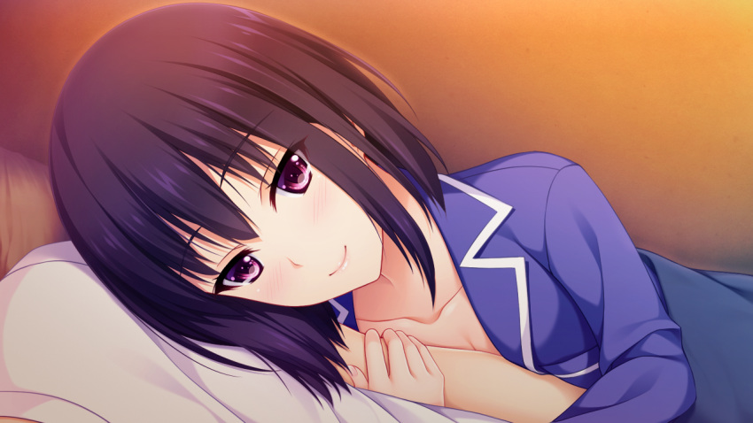 1boy aotsuka_mizuka arm_grab blue_shirt blush breasts cleavage closed_eyes closed_mouth collarbone female game_cg gradient_hair hair_between_eyes iizuki_tasuku indoors long_sleeves looking_at_viewer lying medium_hair multicolored_hair on_side pajamas pov purple_hair red_eyes shirt shoujo_to_toshi_no_sa_futamawari. small_breasts smile solo_focus under_covers upper_body white_shirt