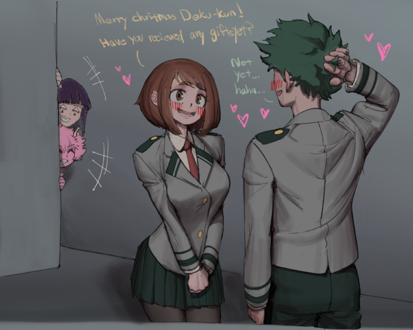 1boy 3girls blush blush_lines boku_no_hero_academia brown_eyes brown_hair christmas clothed comic comic_page english_text fully_clothed green_hair hand_on_own_head horns izuku_midoriya kyoka_jiro medium_hair messy_hair mina_ashido my_hero_academia ochako_uraraka pink_body pink_hair pink_skin purple_hair realistic school_uniform short_hair talking talking_to_partner u.a._school_uniform wjs07