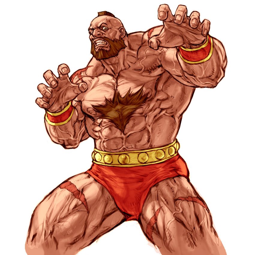 1boy abs beard brown_hair capcom_vs_snk_2 facial_hair full_beard highres male_focus mohawk muscular muscular_male navel nipples nishimura_kinu official_art pectorals scar scar_on_leg scar_on_shoulder shredded_muscles solo street_fighter thick_chest_hair thick_thighs thighs third-party_source topless_male veins veiny_arms veiny_thighs white_background wrestling_outfit wristband zangief