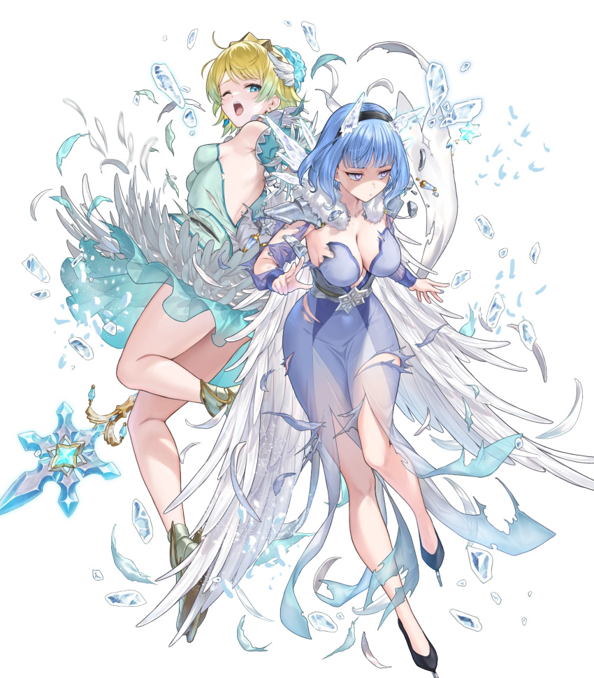 2girls backless_dress backless_outfit bare_legs bare_shoulders blonde_hair blue_eyes blue_hair breasts cape cleavage covered_navel damaged dress feather_cape feather_trim fire_emblem fire_emblem_heroes fjorm_(fire_emblem) fjorm_(ice_tribe)_(fire_emblem) highres holding holding_polearm holding_weapon ice ice_horns ice_skates lance medium_breasts multiple_girls nifl_(fire_emblem) nifl_(ice_tribe)_(fire_emblem) non-web_source official_alternate_costume official_art one_eye_closed open_mouth polearm shaded_face short_hair skates small_breasts thighs tiara torn_cape torn_clothes weapon white_cape