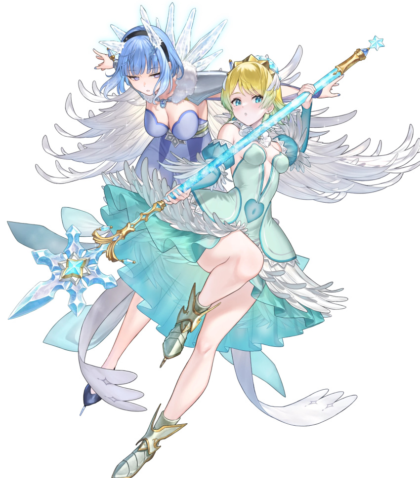 2girls attack backless_dress backless_outfit bare_legs bare_shoulders blonde_hair blue_eyes blue_hair breasts cape cleavage covered_navel dress feather_cape feather_trim fire_emblem fire_emblem_heroes fjorm_(fire_emblem) fjorm_(ice_tribe)_(fire_emblem) highres holding holding_polearm holding_weapon ice_horns ice_skates lance medium_breasts multiple_girls nifl_(fire_emblem) nifl_(ice_tribe)_(fire_emblem) non-web_source official_alternate_costume official_art parted_lips polearm short_hair skates small_breasts tiara weapon white_cape