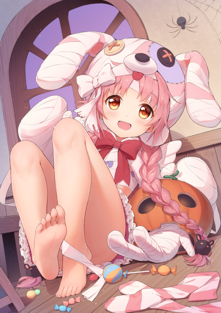 bandaged_hand bandages barefoot braid bug candy feet female food highres indoors knees_up lollipop looking_at_viewer low_twin_braids mimi_(halloween)_(princess_connect!) mimi_(princess_connect!) on_floor open_mouth pink_hair pink_stripes princess_connect! pumpkin red_ribbon ribbon shenhai_(2556146833) silk sitting smile socks soles solo spider spider_web striped_clothes striped_socks toes twin_braids unworn_socks window wooden_floor yellow_eyes