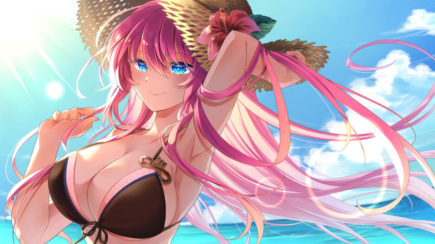 armpits artist_name bikini black_bikini blue_eyes blue_sky breasts cleavage closed_mouth cloud commentary_request female floating_hair flower hat hibiscus hihooo large_breasts lens_flare light_rays long_hair megurine_luka ocean outdoors pink_hair sky smile solo straw_hat sunbeam sunlight swimsuit upper_body very_long_hair vocaloid