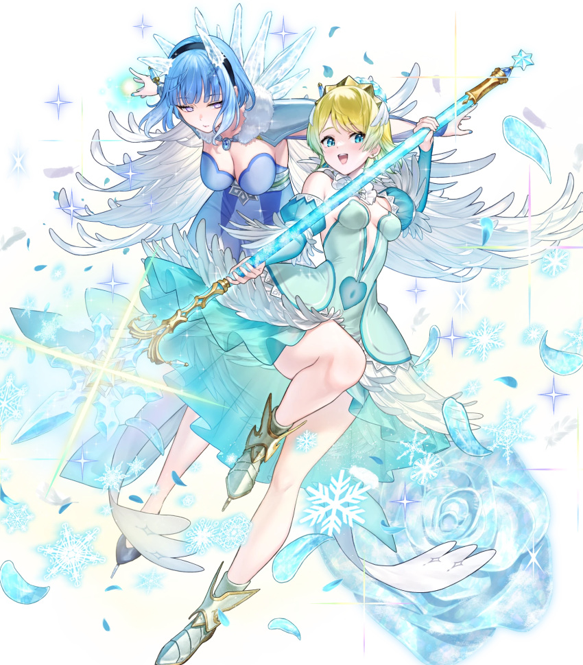 2girls attack backless_dress backless_outfit bare_legs bare_shoulders blonde_hair blue_eyes blue_hair breasts cape cleavage covered_navel dress feather_cape feather_trim fire_emblem fire_emblem_heroes fjorm_(fire_emblem) fjorm_(ice_tribe)_(fire_emblem) highres holding holding_polearm holding_weapon ice_horns ice_skates lance medium_breasts multiple_girls nifl_(fire_emblem) nifl_(ice_tribe)_(fire_emblem) non-web_source official_alternate_costume official_art open_mouth polearm short_hair skates small_breasts smile snowflakes sparkle tiara weapon white_cape