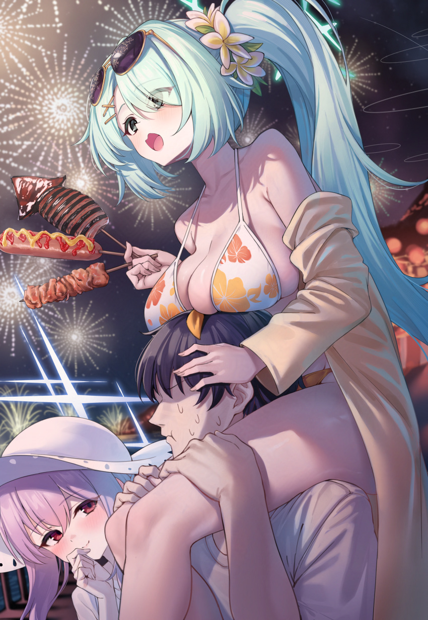 1boy 2girls absurdres aerial_fireworks aqua_eyes aqua_hair atsuko_(blue_archive) atsuko_(swimsuit)_(blue_archive) bare_shoulders bikini black_hair blue_archive blue_halo breast_rest breasts breasts_on_head brown_cardigan cardigan carrying cleavage closed_mouth commentary_request eyes_visible_through_hair eyewear_on_head fireworks floral_print_bikini flower food hair_flower hair_ornament hair_over_one_eye halo hat highres hiyori_(blue_archive) hiyori_(swimsuit)_(blue_archive) holding holding_food holding_skewer ikayaki large_breasts multiple_girls night night_sky off_shoulder open_cardigan open_clothes open_mouth orange_bikini pizza_(pizzania_company) purple_hair red_eyes sensei_(blue_archive) shoulder_carry side_ponytail skewer skindentation sky smile sun_hat sunglasses swimsuit thighs