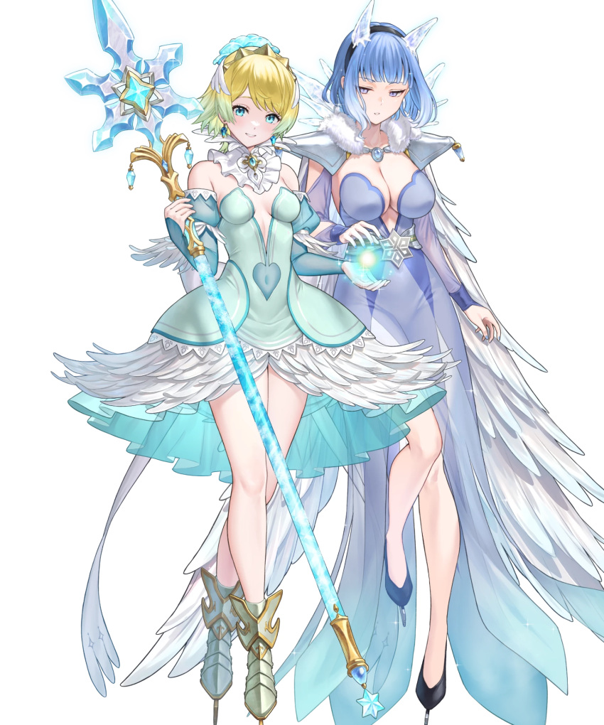 2girls bare_legs bare_shoulders blonde_hair blue_eyes blue_hair breasts cape cleavage covered_navel feather_cape feather_trim fire_emblem fire_emblem_heroes fjorm_(fire_emblem) fjorm_(ice_tribe)_(fire_emblem) highres holding holding_polearm holding_weapon ice_horns ice_skates lance looking_at_viewer medium_breasts multiple_girls nifl_(fire_emblem) nifl_(ice_tribe)_(fire_emblem) non-web_source official_alternate_costume official_art polearm short_hair skates small_breasts smile tachi-e tiara weapon white_cape