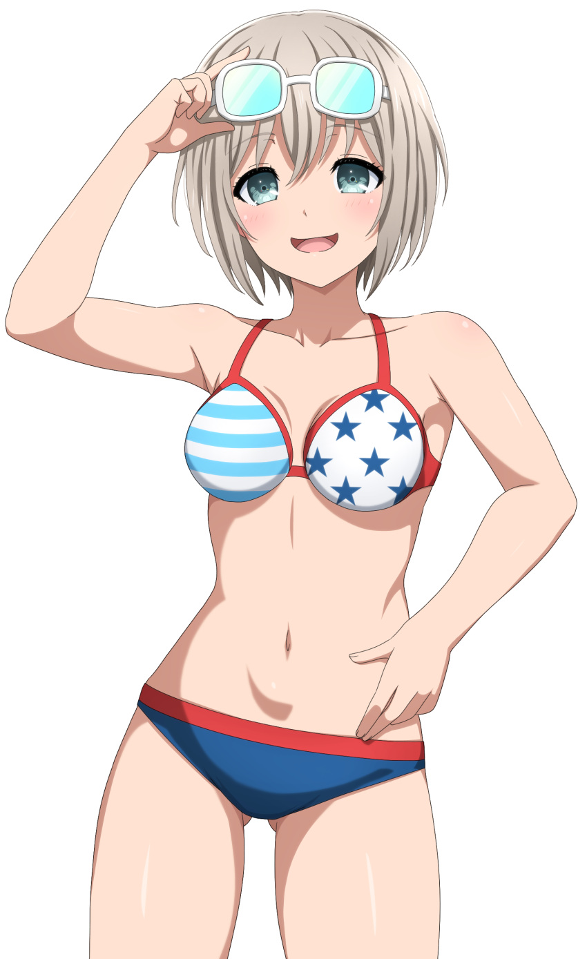 absurdres aoba_moca arm_up ass_visible_through_thighs bang_dream! bikini blue-tinted_eyewear blue_bikini blue_eyes blush breasts collarbone commentary eyewear_on_head female grey_hair hair_between_eyes highres looking_at_viewer medium_breasts noshimurin open_mouth short_hair simple_background solo stomach sunglasses swimsuit tinted_eyewear white-framed_eyewear white_background