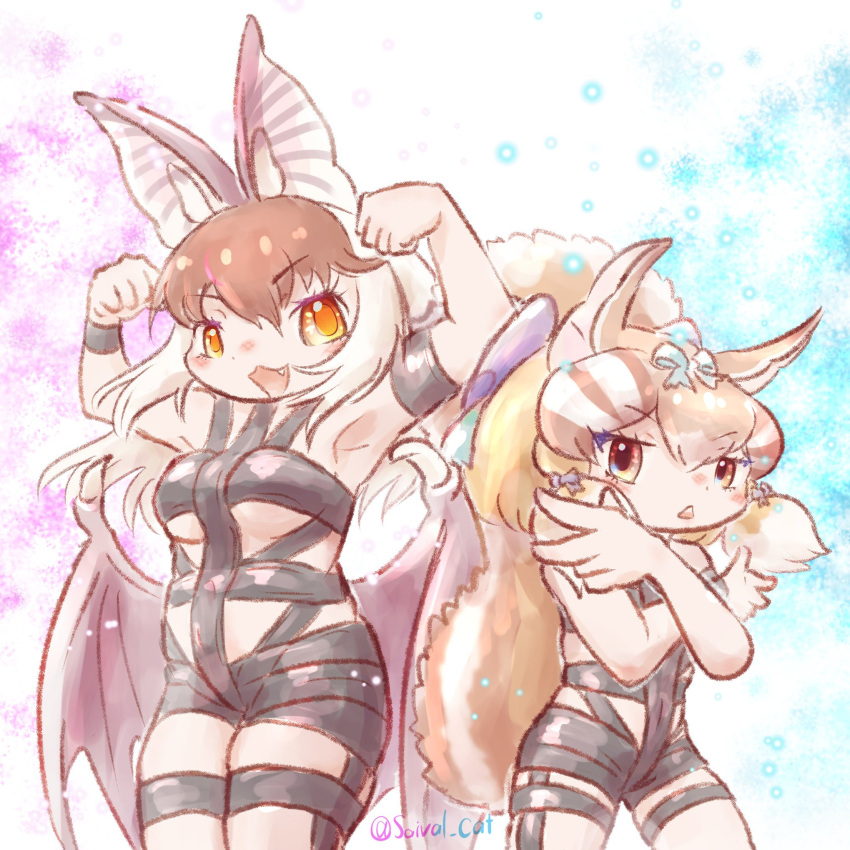 2girls animal_ears arms_up bat_ears bat_girl bat_wings belt brown_hair brown_long-eared_bat_(kemono_friends) chipmunk_ears chipmunk_girl chipmunk_tail extra_ears grey_hair highres hot_limit kemono_friends kemono_friends_v_project long_hair looking_at_viewer multiple_girls ribbon saival_cat short_hair siberian_chipmunk_(kemono_friends) simple_background tail virtual_youtuber wings