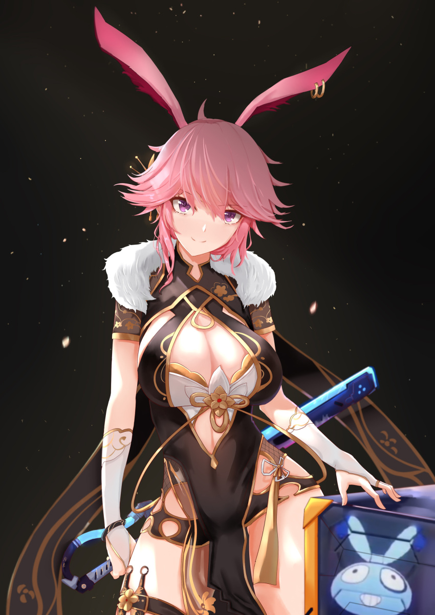 absurdres amomo animal_ears breasts brown_background chinese_clothes cleavage closed_mouth earrings female fox_ears gloves highres holding holding_sword holding_weapon honkai_(series) honkai_impact_3rd jewelry katana kunai looking_at_viewer loot_box navel pink_hair purple_eyes simple_background solo sword weapon white_gloves yae_sakura