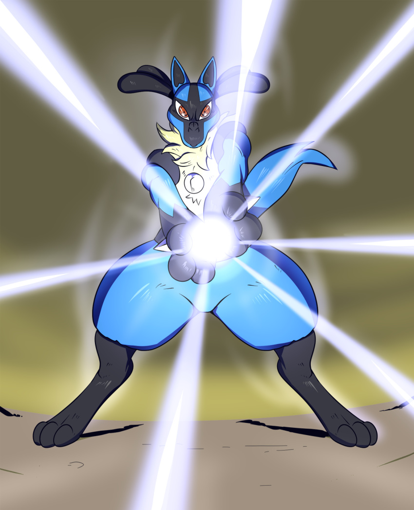 2022 anthro aura aura_sphere blue_body blue_fur chest_tuft cupping front_view fur generation_4_pokemon hi_res looking_at_viewer lucario male nintendo pokemon pokemon_(species) raised_tail reagan700 solo spikes spread_legs spreading tail tuft