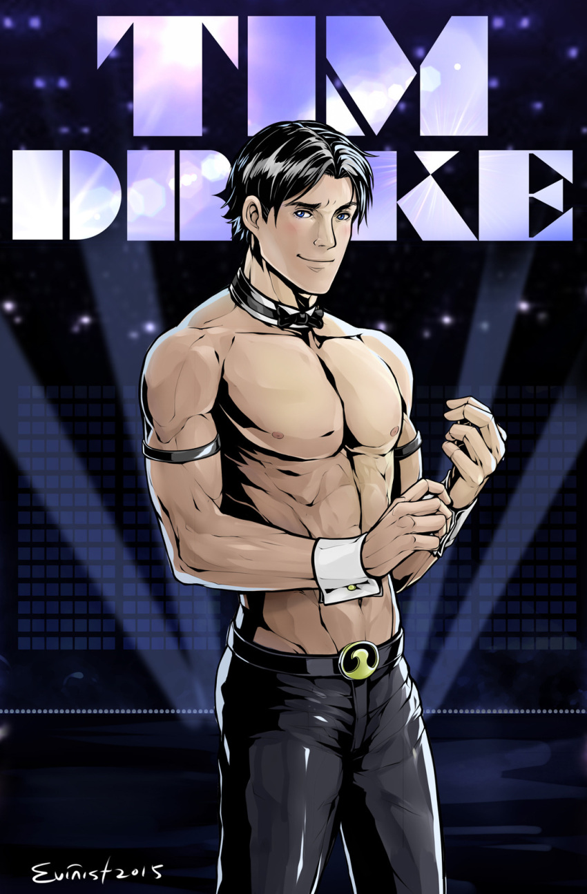 1boy armband artist_name bara batman_(series) belt black_belt black_hair black_pants character_name chippendales closed_mouth dc_comics evinist highres magic_mike male_focus male_stripper muscular muscular_male pants pectorals short_hair smile solo tim_drake topless_male wrist_cuffs