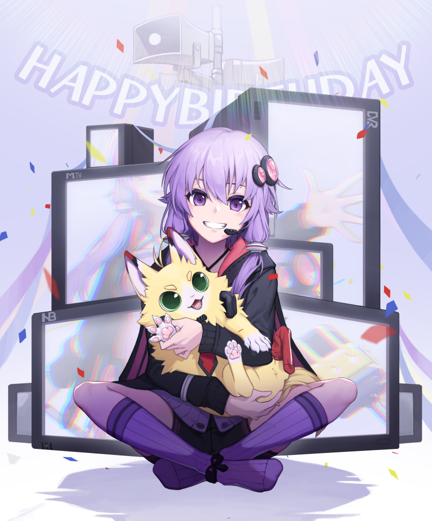 absurdres bad_id bad_pixiv_id black_shorts black_sweater confetti female grin hair_ornament han_seryun_(2hbpencil) happy_birthday headset highres horn_speaker indian_style kneehighs long_hair long_sleeves looking_at_viewer microphone monitor multiple_monitors photoshop_(medium) public_address_system purple_hair purple_socks short_shorts shorts sitting smile socks solo speaker sweater vocaloid voiceroid yuzuki_yukari