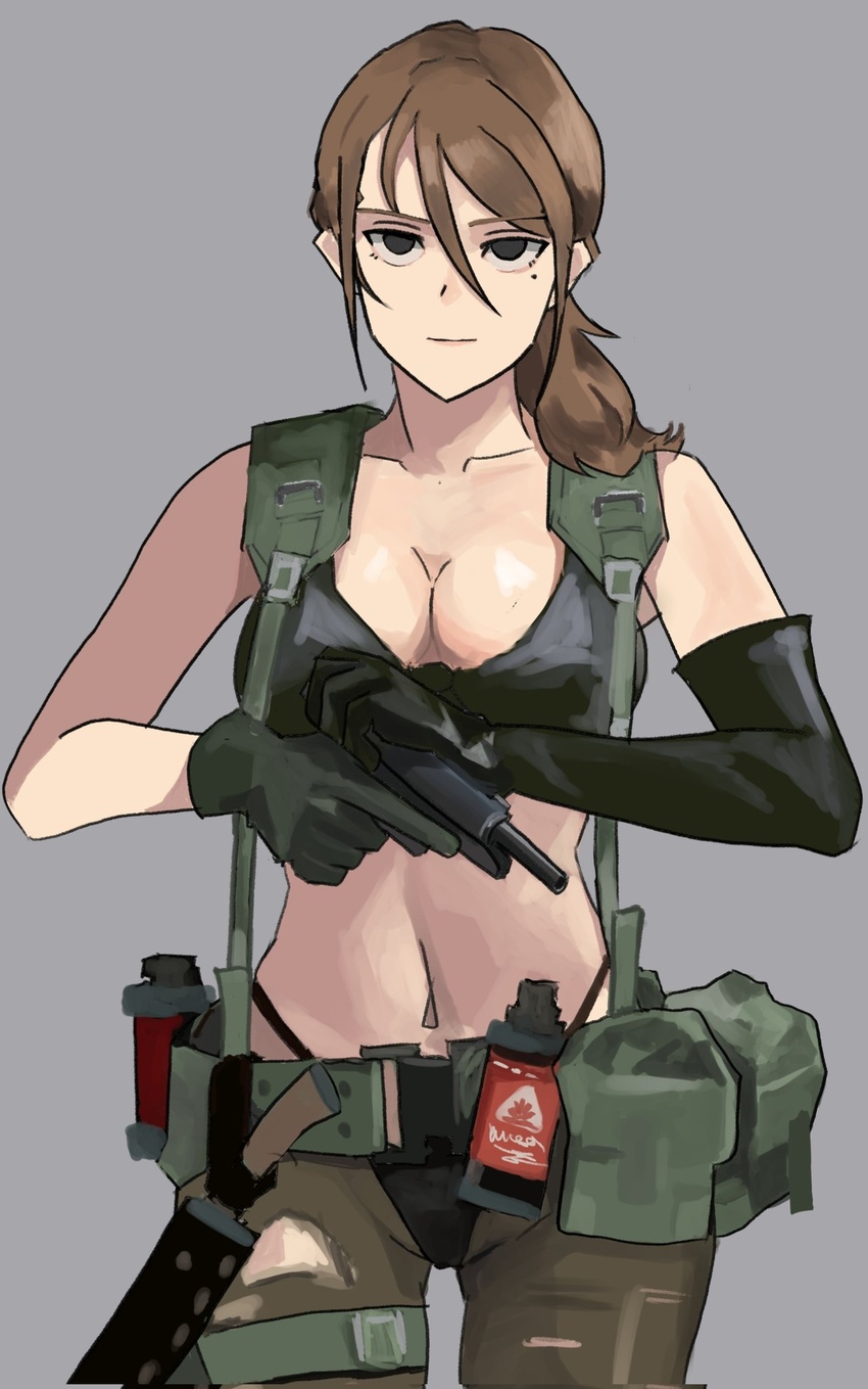 asymmetrical_gloves bad_id bad_twitter_id bikini black_bikini black_eyes black_gloves breasts brown_eyes brown_hair cleavage female gloves green_gloves grey_background gun handgun harness highres holding holding_gun holding_weapon inactive_account long_hair looking_at_viewer metal_gear_(series) metal_gear_solid_v:_the_phantom_pain mismatched_gloves mole mole_under_eye navel ponytail quiet_(metal_gear) simple_background solo swimsuit trigger_discipline wani_(perfect_han) weapon