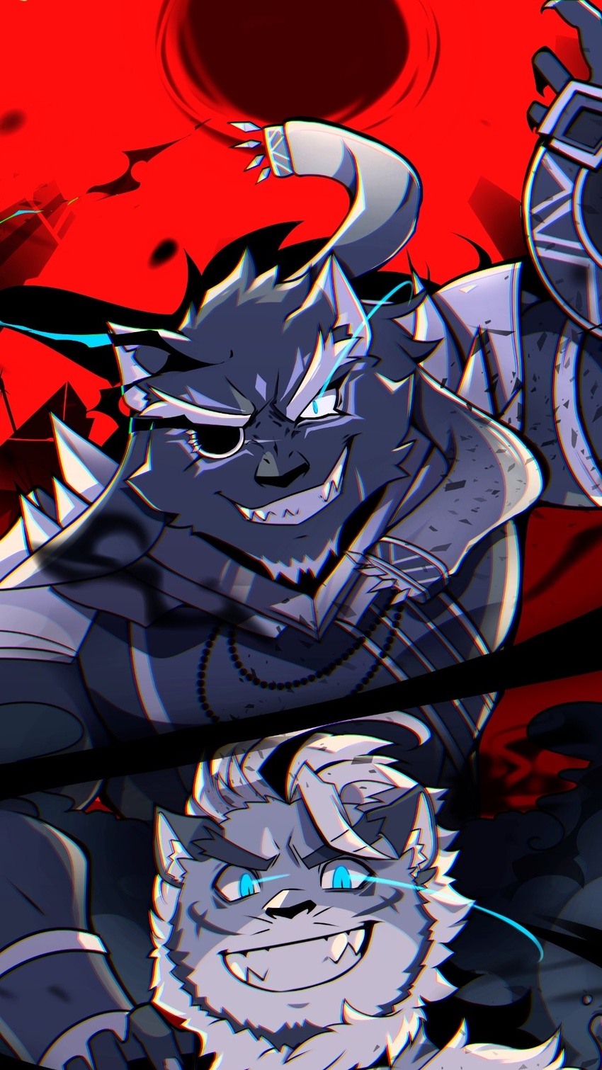 2boys ahoge animal_ears bara beard belly blue_eyes facial_hair forked_eyebrows furry furry_male glowing glowing_eye glowing_eyes green_eyes grey_fur hand_on_another's_shoulder highres hombre_tigre_(housamo) jaguar_boy jaguar_ears jaguar_tail limited_palette lisuchi male_focus mature_male multiple_boys muscular muscular_male one_eye_covered plump sharp_teeth short_hair spot_color tail teeth tezcatlipoca_(housamo) thick_eyebrows tiger_boy tiger_ears tokyo_afterschool_summoners white_hair