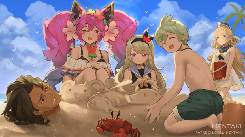 2boys 3girls :d ^_^ animal artist_name bare_arms bare_shoulders black_hair black_neckerchief blonde_hair blue_hair blue_headwear blue_sailor_collar blue_sky breasts brown_hair bucket buried character_request cleo_(dragalia_lost) closed_eyes cloud cloudy_sky commentary crab dark-skinned_male dark_skin day dragalia_lost dress english_commentary flower gradient_hair green_eyes hair_between_eyes hair_flower hair_ornament hat hentaki lathna long_hair lowen_(dragalia_lost) multicolored_hair multiple_boys multiple_girls neckerchief nervous_smile open_mouth outdoors palm_tree pia_(dragalia_lost) pink_eyes pink_flower pink_hair purple_eyes purple_flower ranzal_(dragalia_lost) red_flower sailor_collar sailor_dress sailor_hat sky sleeveless sleeveless_dress small_breasts smile summer sweat tree twintails very_long_hair watermark web_address white_dress white_flower yellow_flower