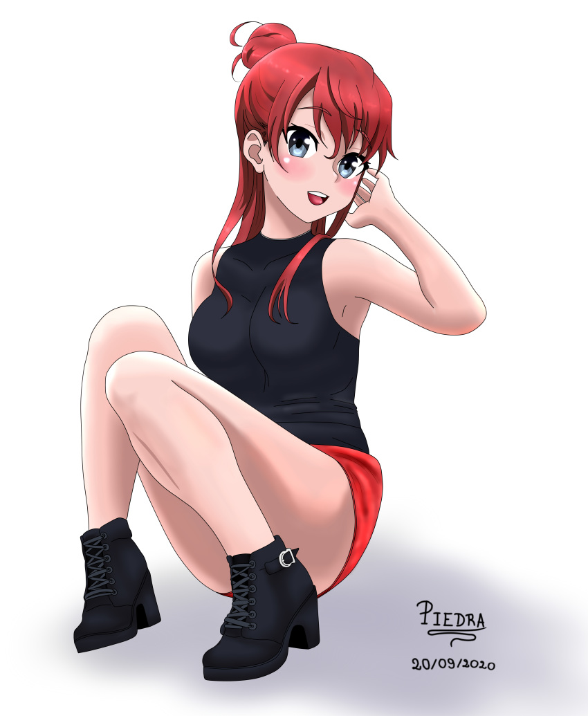 :d absurdres blouse blue_eyes breasts female high_heels highres long_hair looking_at_viewer md5_mismatch medium_breasts mr_piedra open_mouth red_hair sakaki_shizuka self-upload shadow shirobako shirt short_shorts shorts simple_background sitting smile solo white_background