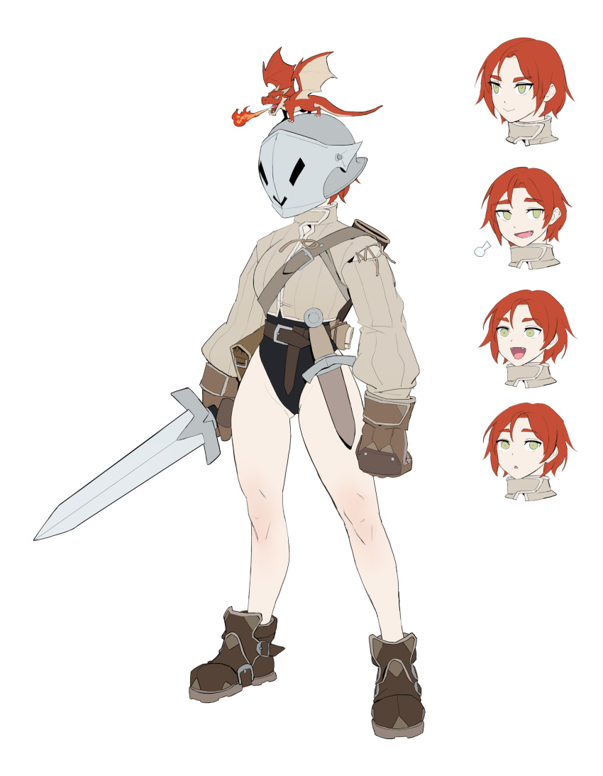 :d bad_id bad_pixiv_id belt breasts brown_belt brown_footwear brown_gloves clenched_hand dagger dongho_kang dragon expressions female fire full_body gloves helm helmet highres knife long_sleeves medium_breasts multiple_views original red_hair short_hair small_dragon smile standing weapon