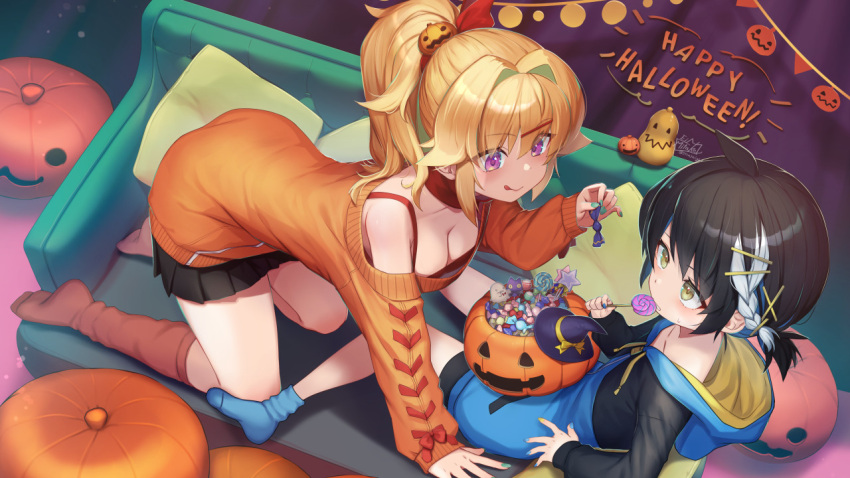 2girls :q arm_support artist_name bike_shorts black_hair black_shorts black_skirt blonde_hair blue_background blue_hoodie blue_socks bra bra_strap braid breasts candy cleavage couch drawstring duplicate english_text food hair_between_eyes hair_ornament hairclip halloween halloween_bucket happy_halloween holding holding_candy holding_food holding_lollipop hood hood_down hoodie jack-o'-lantern jack-o'-lantern_hair_ornament kneeling leaning_forward licking_lips light_frown lollipop long_sleeves medium_breasts medium_hair miniskirt mitake_eil multicolored_hair multiple_girls off-shoulder_sweater off_shoulder on_couch open_mouth orange_socks orange_sweater original pleated_skirt ponytail purple_eyes red_bra short_hair shorts signature sitting skirt socks string_of_flags sweatdrop sweater tongue tongue_out twitter_username two-tone_hair underwear white_hair yellow_eyes