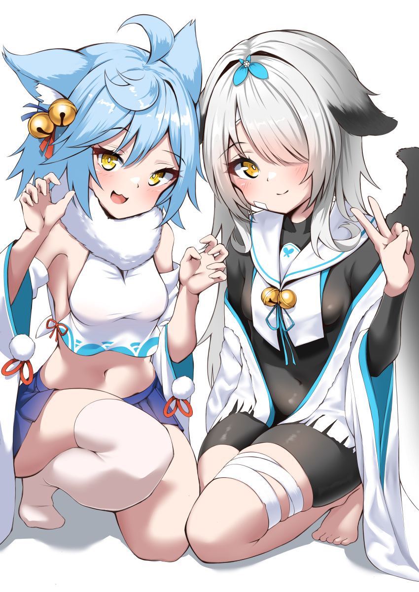 2girls absurdres ahoge animal_ears azur_lane bandaged_leg bandages barefoot bell blue_hair blue_skirt bodysuit cien_(shikanokuni) crop_top detached_sleeves droopy_ears fox_ears fox_girl fox_tail fubuki_(azur_lane) full_body grey_hair hair_bell hair_ornament hair_over_one_eye highres kneeling large_tail looking_at_viewer miyuki_(azur_lane) multiple_girls navel pleated_skirt scarf shirt single_thighhigh skirt sleeveless sleeveless_shirt smile tail thighhighs v white_background white_scarf white_thighhighs