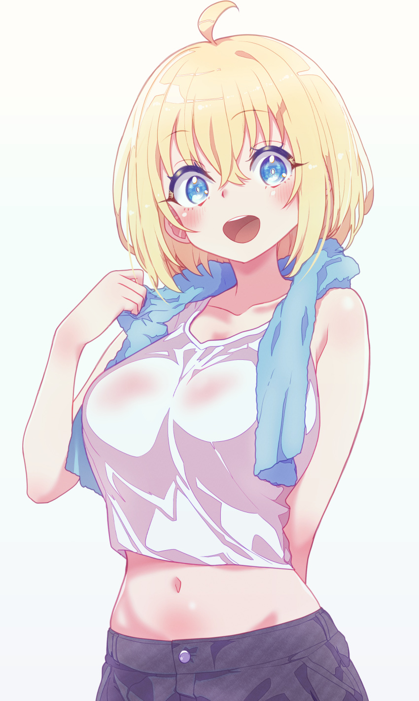 absurdres ahoge arbiter1 arm_behind_back azur_lane bataan_(azur_lane) black_pants blonde_hair blue_eyes blush breasts cropped_shirt female hair_between_eyes highres large_breasts looking_at_viewer medium_hair midriff navel open_mouth pants see-through see-through_shirt shirt simple_background sleeveless sleeveless_shirt smile solo stomach towel towel_around_neck wet wet_clothes wet_shirt white_shirt