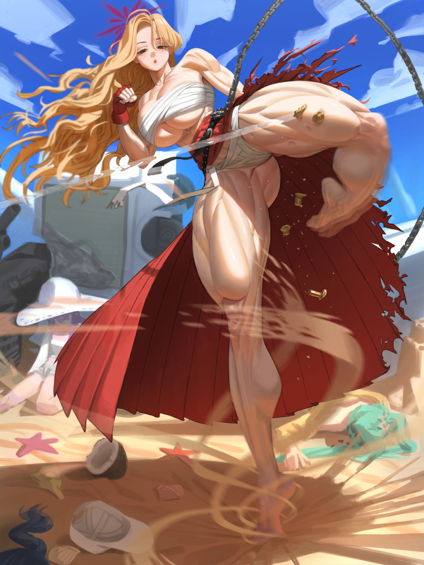 abs absurdres akemi_(blue_archive) beach biceps blue_archive chest_sarashi crossed_belts delinquent female flexing fluffy_hair gloves halo highres hyeonjong8 mole mole_under_eye muscular muscular_female red_gloves red_halo sarashi solo sukeban