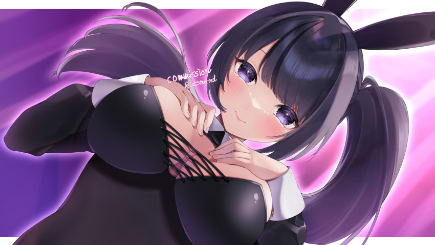 ahera_ohoko animal_ears black_hair black_leotard breasts closed_mouth commission eyelashes fake_animal_ears female hands_on_own_chest highres indie_virtual_youtuber leotard long_hair mole mole_under_mouth playboy_bunny purple_eyes rabbit_ears side_ponytail skeb_commission smile solo toketa_neko twitter_username upper_body virtual_youtuber white_wrist_cuffs wrist_cuffs