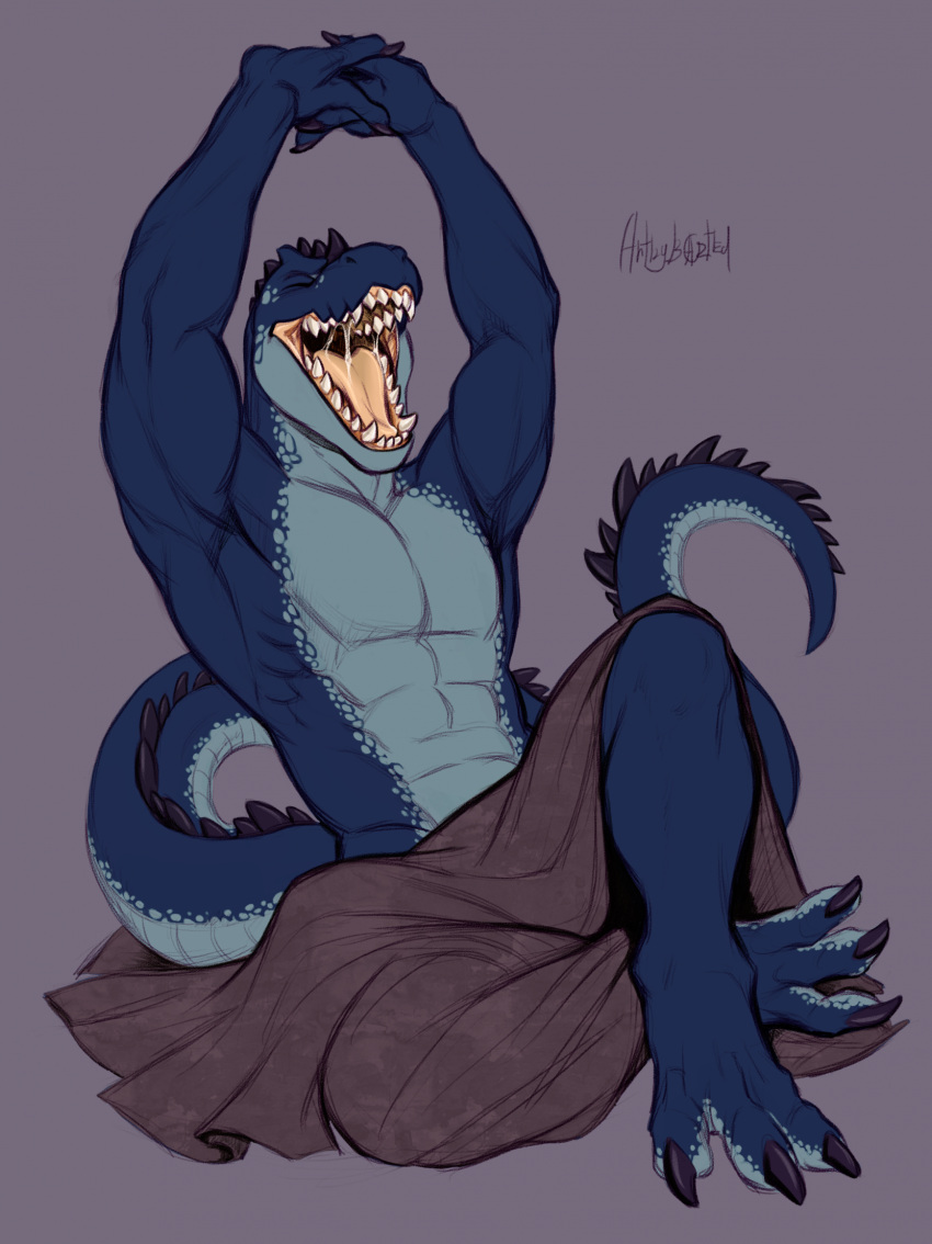 anthro bazted blue_body blue_scales bodily_fluids closed_eyes hi_res male muscular muscular_male nouss_(spooner69er) open_mouth saliva scales solo stretching tongue yawn