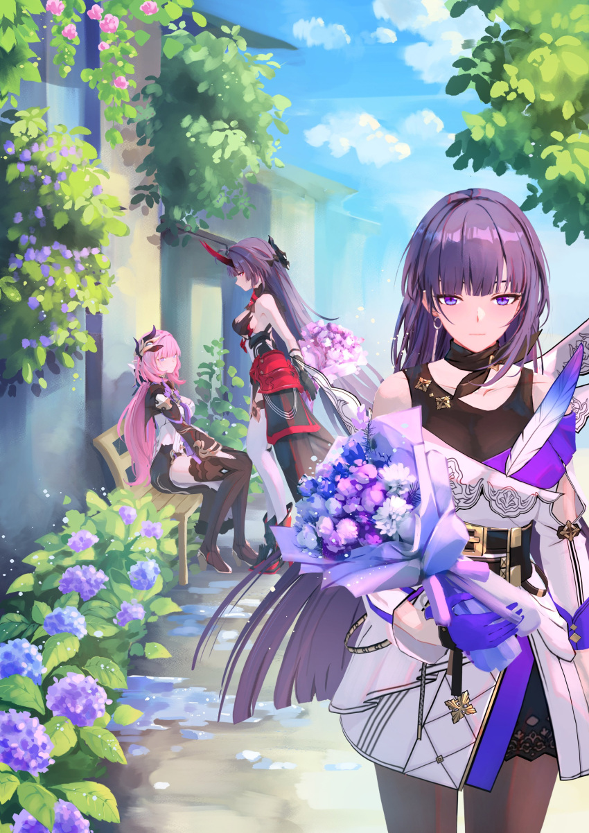 2girls absurdres bare_shoulders black_dress black_pantyhose black_shorts blue_eyes blue_sky bouquet breasts cleavage cloud cloudy_sky corset dress earrings elf elysia_(honkai_impact) elysia_(miss_pink_elf)_(honkai_impact) flower hair_ornament highres holding holding_bouquet honkai_(series) honkai_impact_3rd horns jewelry large_breasts long_hair looking_at_another multiple_girls on_chair outdoors pantyhose pink_hair pointy_ears purple_eyes purple_flower purple_hair raiden_mei raiden_mei_(apho) raiden_mei_(herrscher_of_thunder) red_horns sen_jin_chen short_shorts shorts sky thighs very_long_hair white_corset white_dress yuri