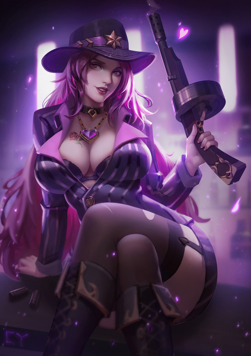 absurdres black_choker boots breasts chengyouliu choker cleavage crime_city_miss_fortune female formal garter_straps gun hat heart highres holding jacket jewelry large_breasts league_of_legends long_hair looking_at_viewer mafia miss_fortune_(league_of_legends) pinstripe_pattern pinstripe_suit red_hair skirt solo submachine_gun suit thighhighs thompson_submachine_gun underwear weapon